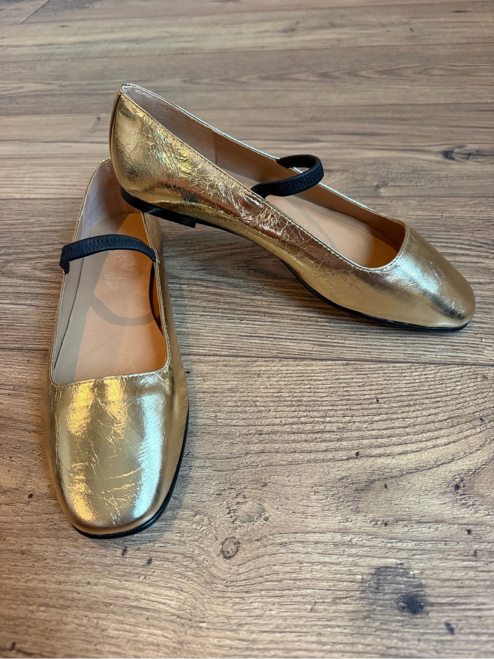 Madewell Metallic Gold Leather Mary Jane Ballet Flats Size 9 Black Strap minimal